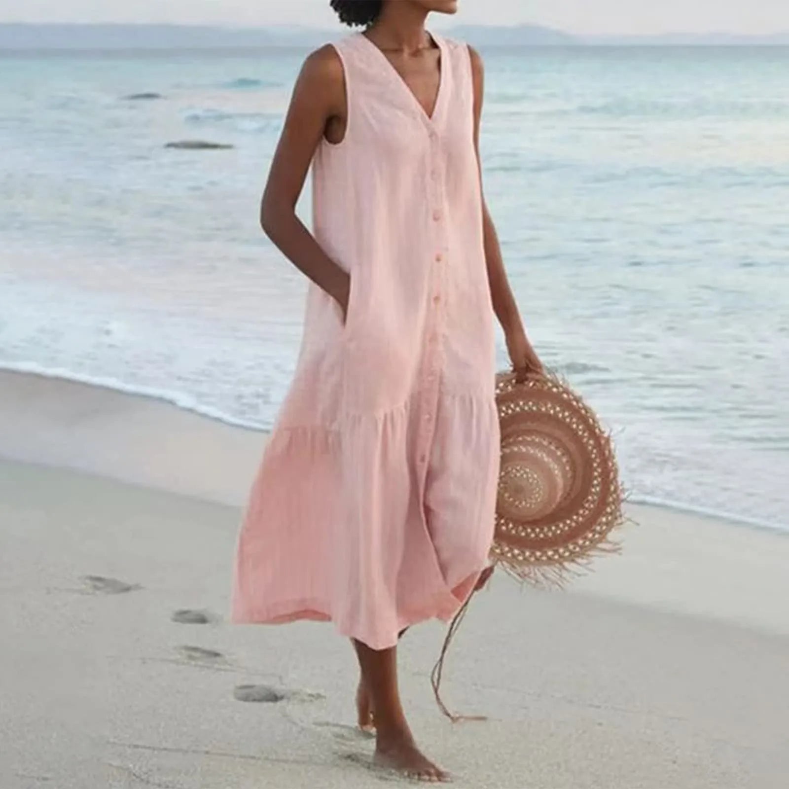 Women's Sleeveless V-Neck Button Front Midi Dress™ – Zeitloser Sommer-Chic mit femininer Eleganz