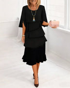 Women's Elegant Midi Dress with Ruffle Layers and Split Sleeves™ – Zeitlose Eleganz mit femininen Details