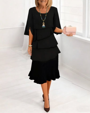 Women's Elegant Midi Dress with Ruffle Layers and Split Sleeves™ – Zeitlose Eleganz mit femininen Details