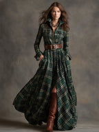 Women's Plaid Maxi Dress with Button Front and Belted Waist™ – Zeitlose Eleganz für jeden Anlass