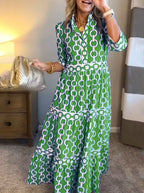 Women's Chain Print V-Neck Midi Dress with 3/4 Sleeves™ – Elegante Vielseitigkeit für jeden Anlass