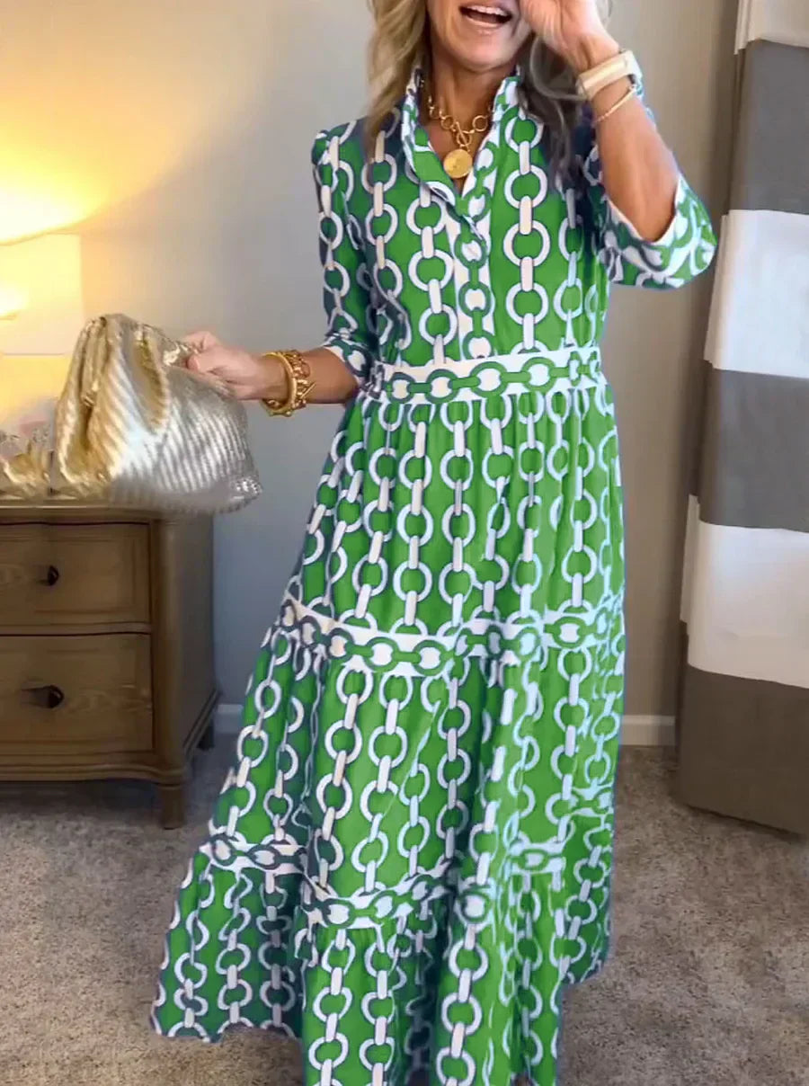 Women's Chain Print V-Neck Midi Dress with 3/4 Sleeves™ – Elegante Vielseitigkeit für jeden Anlass