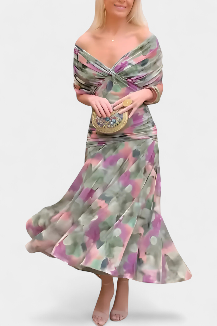 Women's Off Shoulder Midi Dress with Fitted Waist and Flowing Skirt™ – Elegante Feminine Ausstrahlung