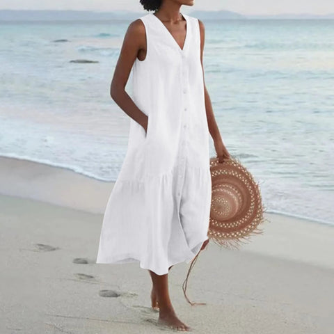 Women's Sleeveless V-Neck Button Front Midi Dress™ – Zeitloser Sommer-Chic mit femininer Eleganz