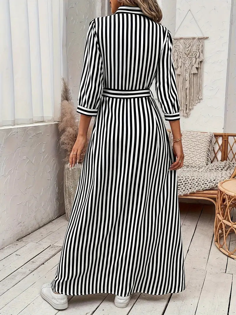 Women's Striped Belted Button Down Elegant Shirt Midi Dress™ – Zeitlose Eleganz für jeden Anlass