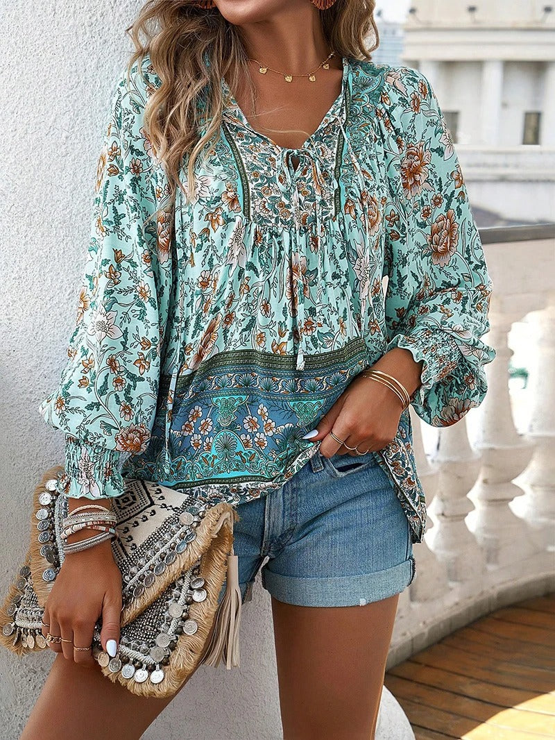 Women's Boho Floral V-Neck Blouse Loose Fit Lightweight Summer Casual Top™ – Leichter Sommer-Boho-Style für jeden Tag