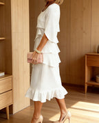 Women's Elegant Midi Dress with Ruffle Layers and Split Sleeves™ – Zeitlose Eleganz mit femininen Details