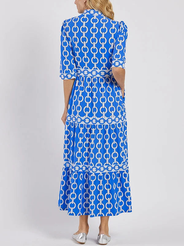 Women's Chain Print V-Neck Midi Dress with 3/4 Sleeves™ – Elegante Vielseitigkeit für jeden Anlass