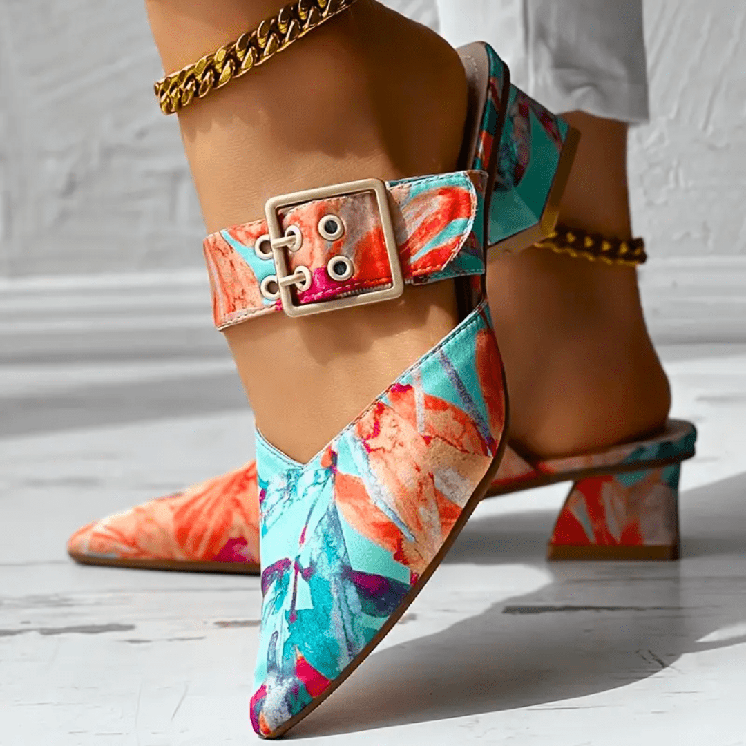 Women's Colorful Printed Heels with Strap and Block Heel™ – Kunstvolle Eleganz für stilvolle Auftritte