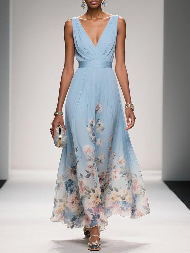 Women's Floral V Neck Elegant Flowing Summer Maxi Dress™ – Elegante Leichtigkeit für warme Tage