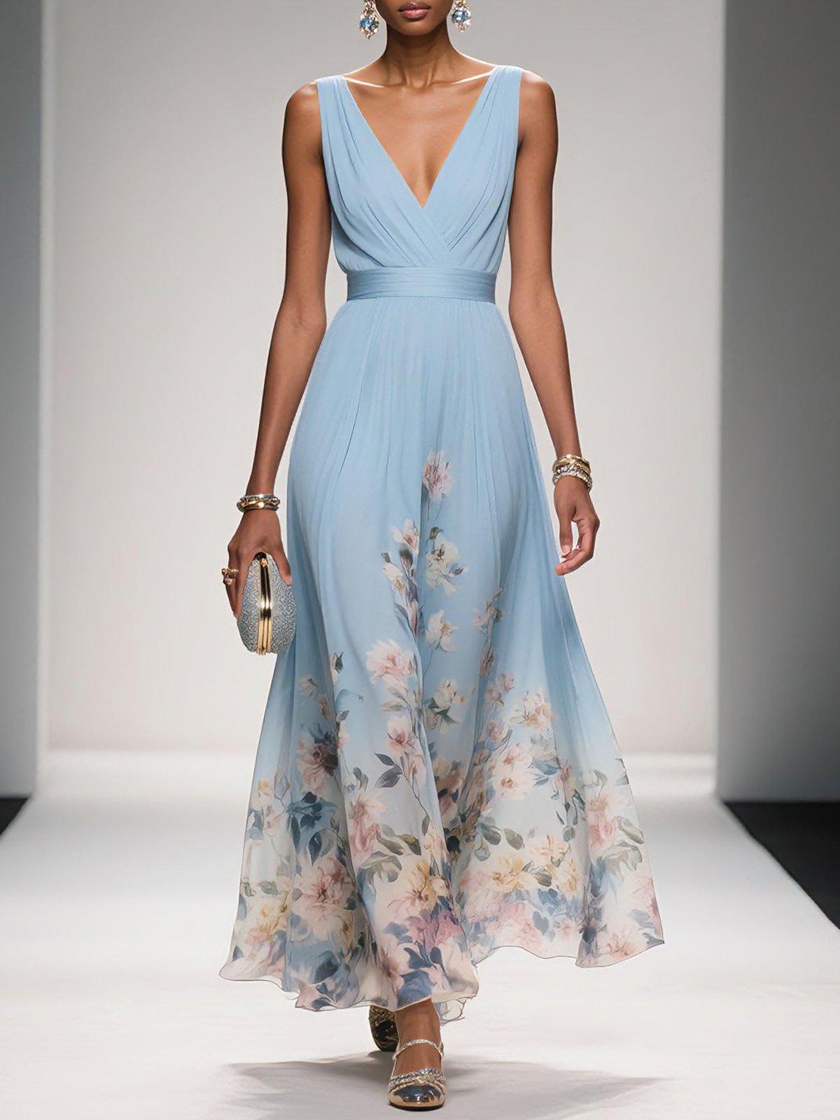Women's Floral V Neck Elegant Flowing Summer Maxi Dress™ – Elegante Leichtigkeit für warme Tage