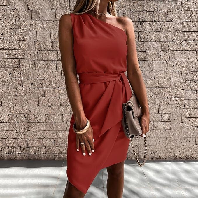 Women's One Shoulder Draped Waist Elegant Party Midi Dress™ – Elegante Silhouette für besondere Anlässe