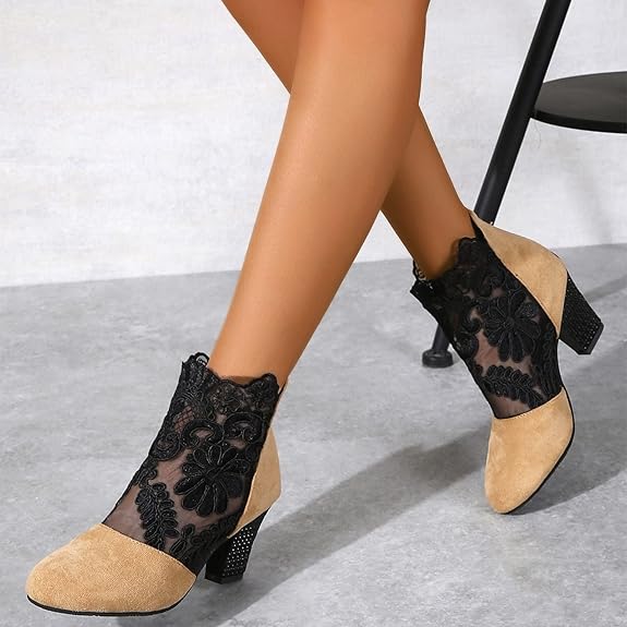 Women's Lace Panel Block Heel Ankle Orthopedic Boots™ – Eleganter Komfort für den ganzen Tag