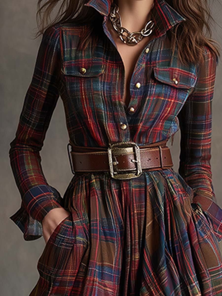 Women's Plaid Maxi Dress with Button Front and Belted Waist™ – Zeitlose Eleganz für jeden Anlass