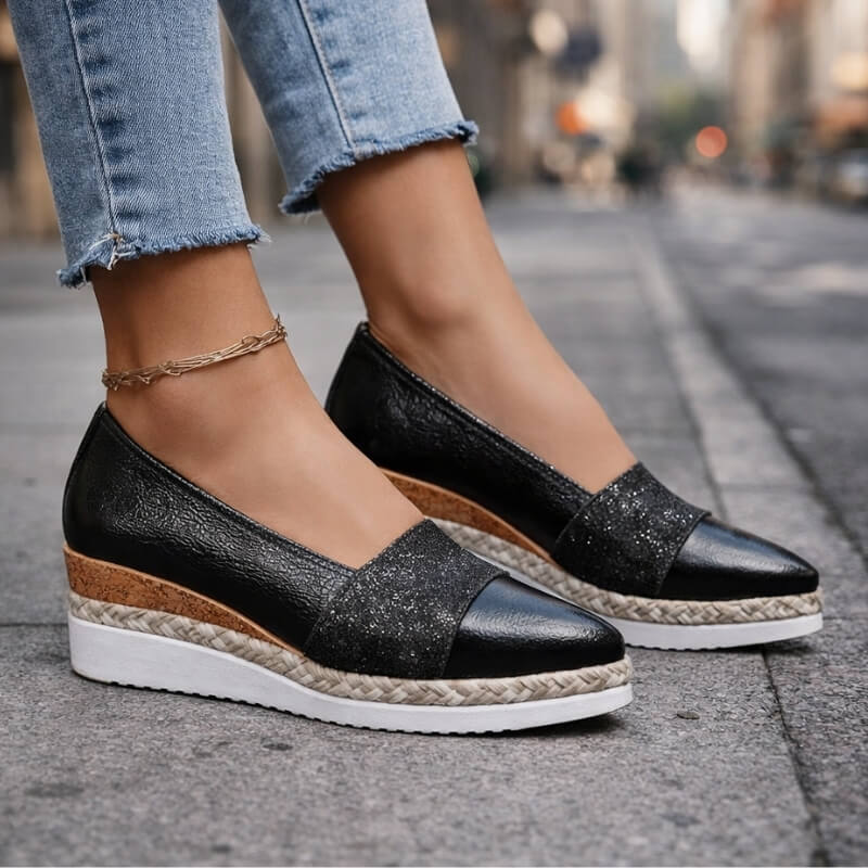 Women's Glitter Wedge Loafers with Slip On Design and Cushioned Sole™ – Elegante Bequemlichkeit mit glamourösem Glitzer-Finish