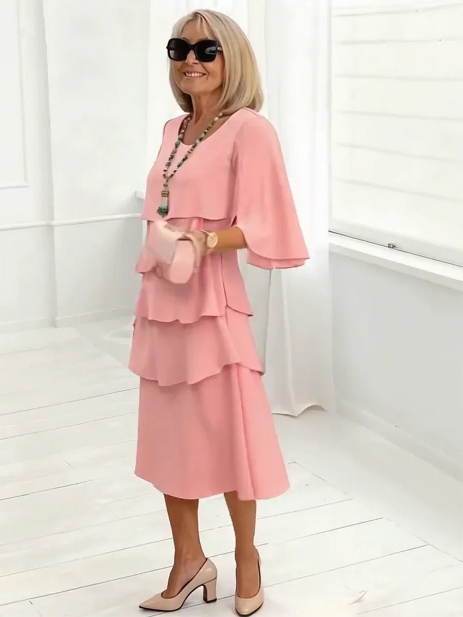 Women's Elegant Midi Dress with Ruffle Layers and Split Sleeves™ – Zeitlose Eleganz mit femininen Details