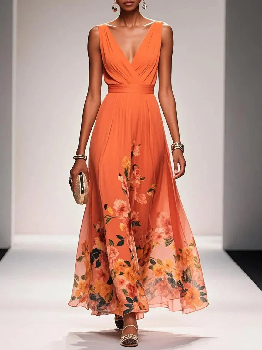 Women's Floral V Neck Elegant Flowing Summer Maxi Dress™ – Elegante Leichtigkeit für warme Tage