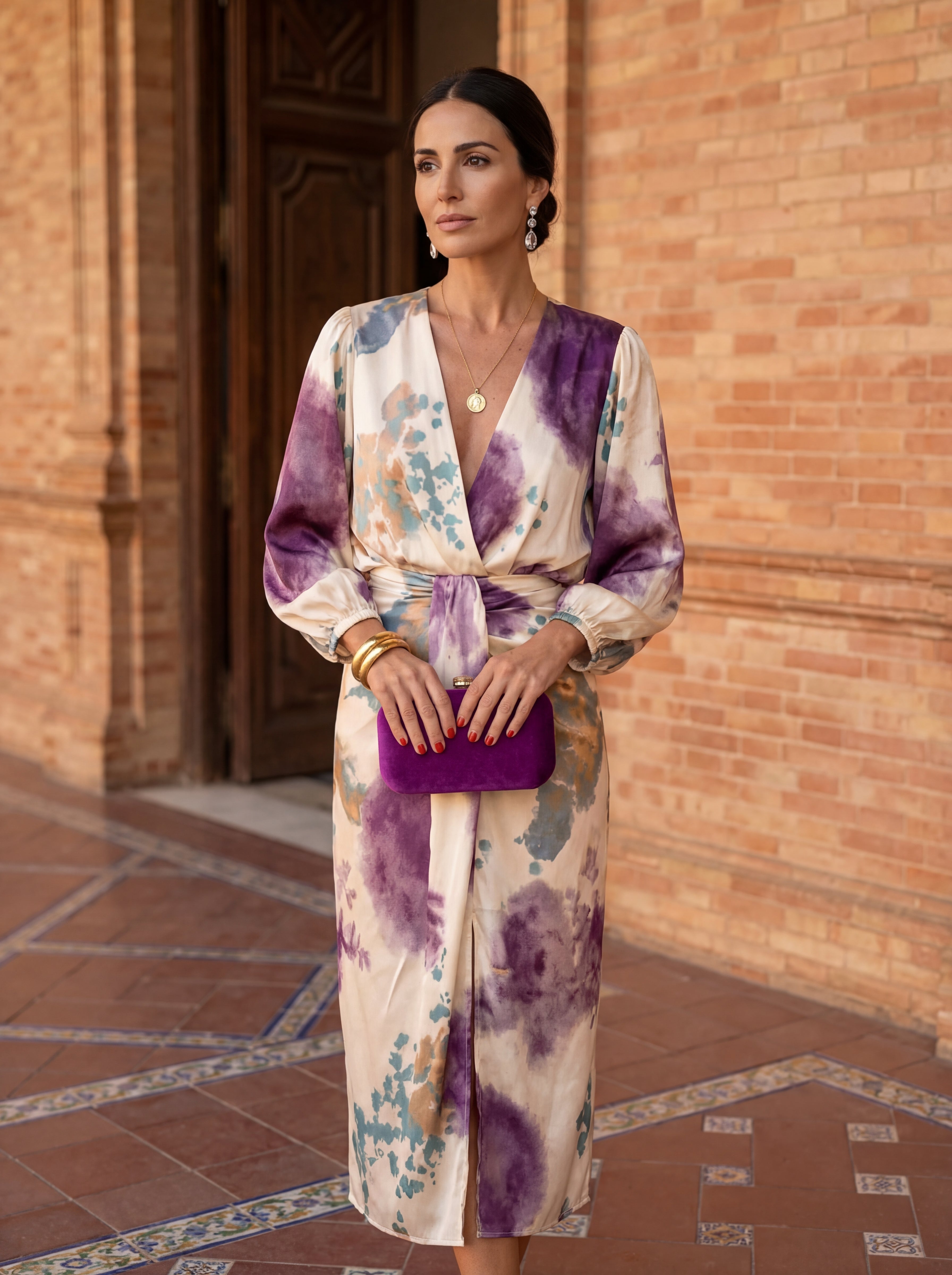 Women's Satin Midi Dress with Wrap V-Neck and Watercolor Print™ – Kunstvolle Eleganz für besondere Momente