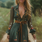 Besticktes Boho Maxikleid mit Langen Ärmeln und Bindegürtel für Damen™ – Kunstvolle Eleganz trifft entspannten Komfort