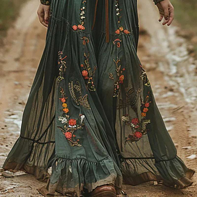 Besticktes Boho Maxikleid mit Langen Ärmeln und Bindegürtel für Damen™ – Kunstvolle Eleganz trifft entspannten Komfort