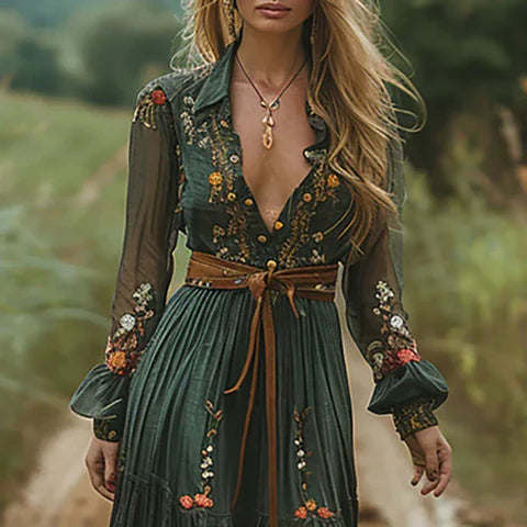 Besticktes Boho Maxikleid mit Langen Ärmeln und Bindegürtel für Damen™ – Kunstvolle Eleganz trifft entspannten Komfort