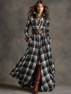 Women's Plaid Maxi Dress with Button Front and Belted Waist™ – Zeitlose Eleganz für jeden Anlass