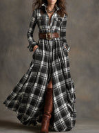 Women's Plaid Maxi Dress with Button Front and Belted Waist™ – Zeitlose Eleganz für jeden Anlass
