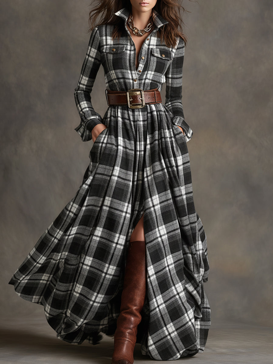 Women's Plaid Maxi Dress with Button Front and Belted Waist™ – Zeitlose Eleganz für jeden Anlass