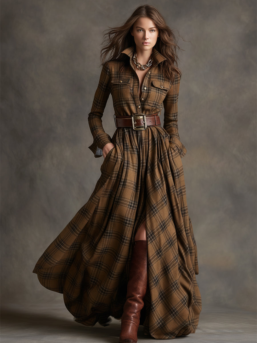 Women's Plaid Maxi Dress with Button Front and Belted Waist™ – Zeitlose Eleganz für jeden Anlass