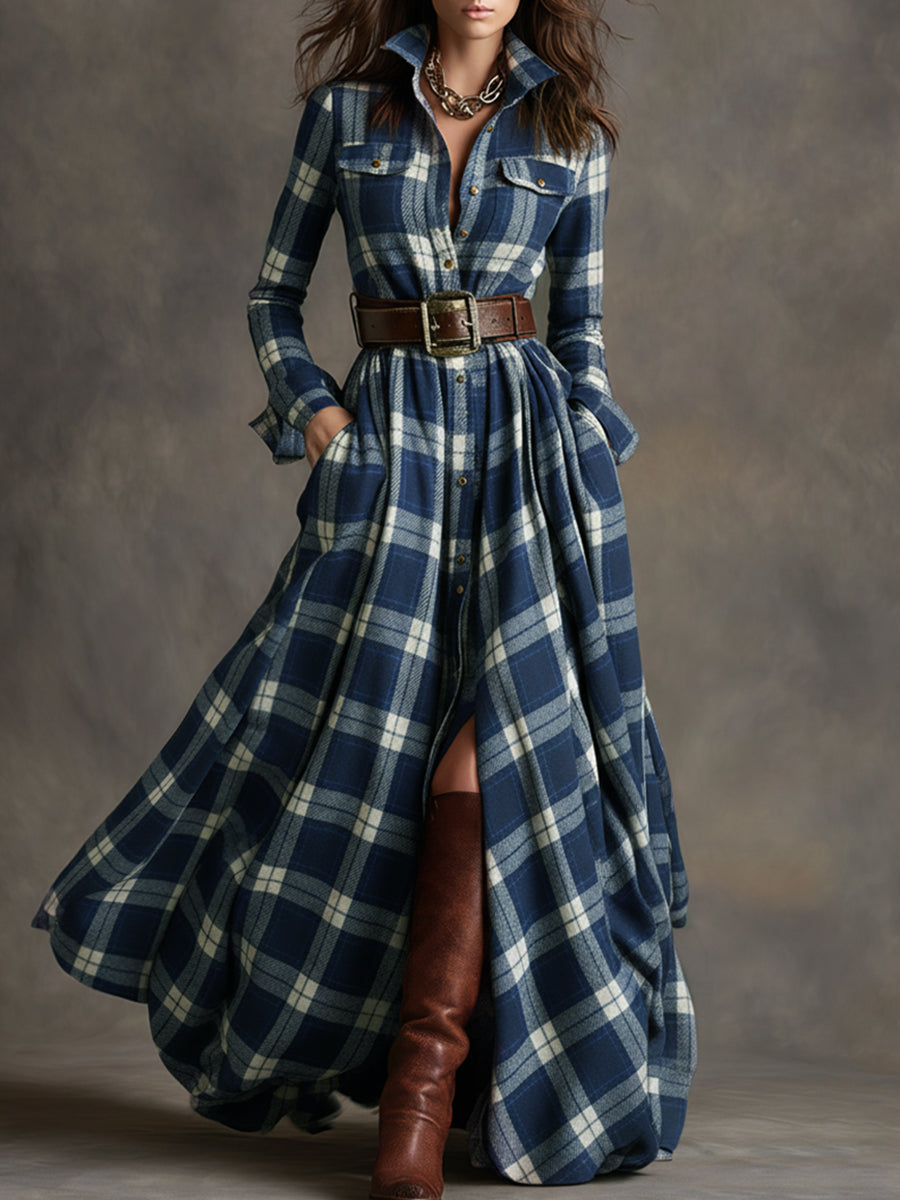 Women's Plaid Maxi Dress with Button Front and Belted Waist™ – Zeitlose Eleganz für jeden Anlass