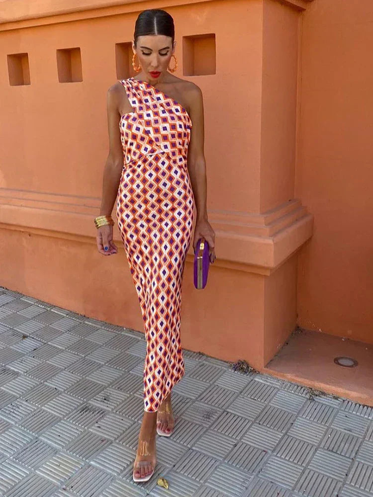Women's One Shoulder Printed Elegant Slim Fit Maxi Dress™ – Moderne Eleganz mit asymmetrischem Design