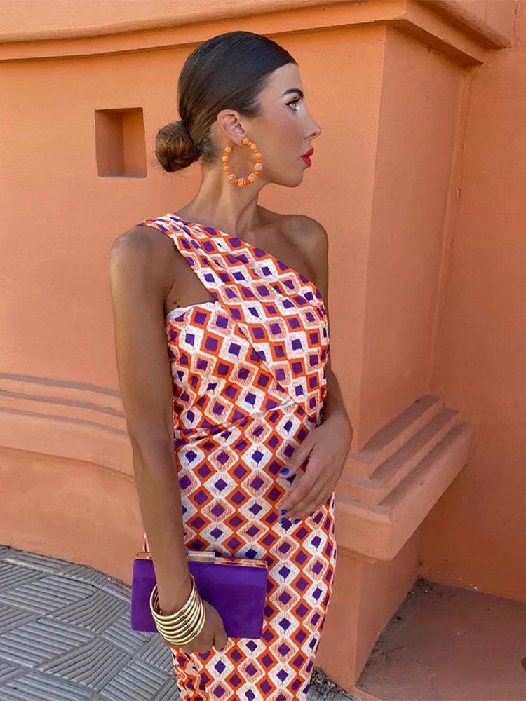 Women's One Shoulder Printed Elegant Slim Fit Maxi Dress™ – Moderne Eleganz mit asymmetrischem Design
