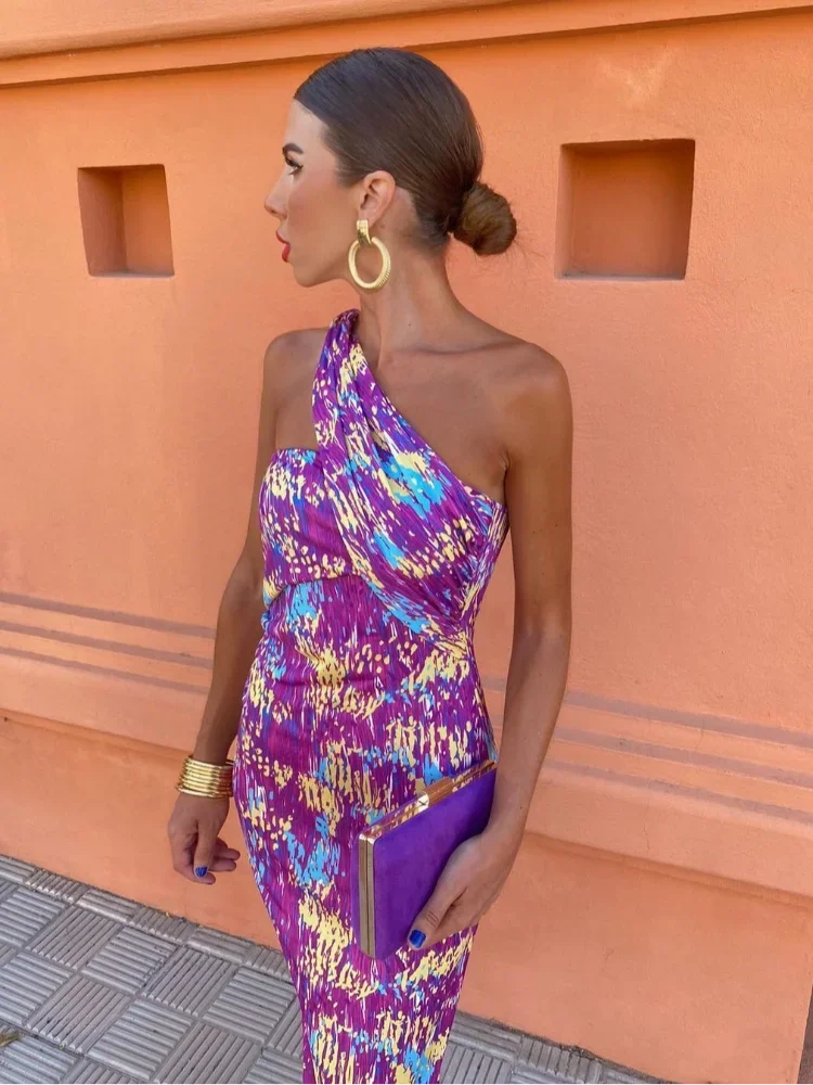 Women's One Shoulder Printed Elegant Slim Fit Maxi Dress™ – Moderne Eleganz mit asymmetrischem Design