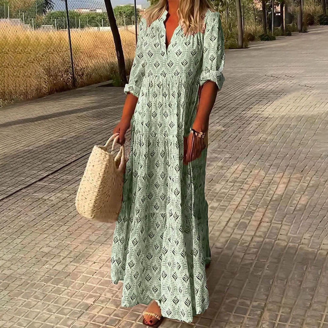 Women's Boho Print V Neck Long Sleeve Summer Maxi Dress™ – Zeitlose Eleganz mit bohemian-inspiriertem Charme