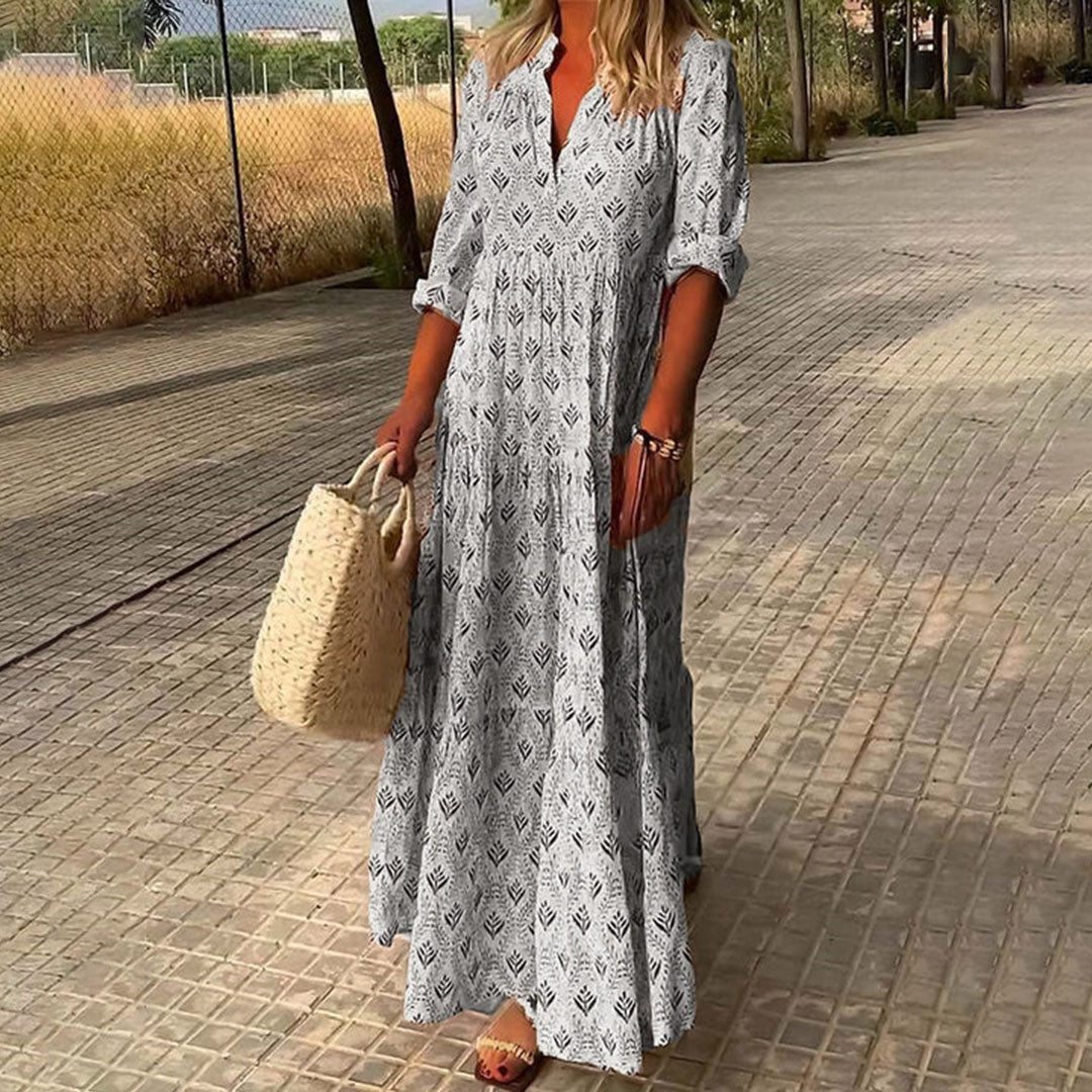 Women's Boho Print V Neck Long Sleeve Summer Maxi Dress™ – Zeitlose Eleganz mit bohemian-inspiriertem Charme