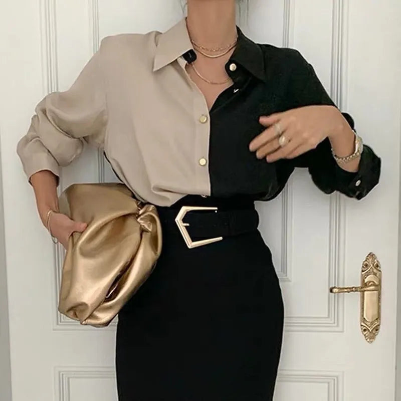 Vintage Two-Tone Long-Sleeve Blouse for Women™ – Zeitlose Eleganz mit Retro-Charme