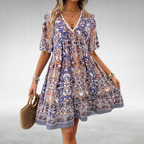 Women's Boho Paisley Mini Dress with V-Neck and Short Sleeves™ – Müheloser Stil für entspannte Sommertage