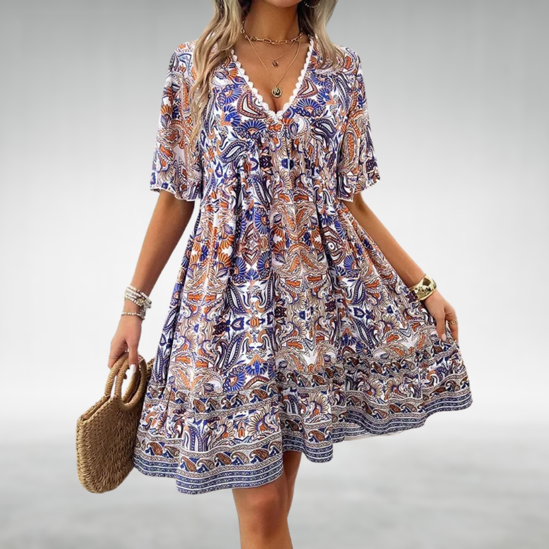Women's Boho Paisley Mini Dress with V-Neck and Short Sleeves™ – Müheloser Stil für entspannte Sommertage