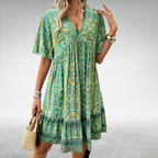 Women's Boho Paisley Mini Dress with V-Neck and Short Sleeves™ – Müheloser Stil für entspannte Sommertage