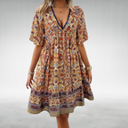 Women's Boho Paisley Mini Dress with V-Neck and Short Sleeves™ – Müheloser Stil für entspannte Sommertage