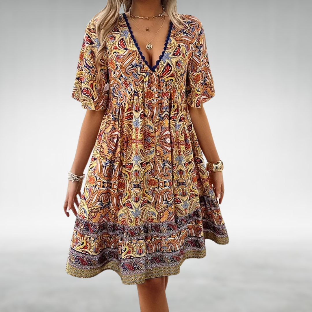 Women's Boho Paisley Mini Dress with V-Neck and Short Sleeves™ – Müheloser Stil für entspannte Sommertage