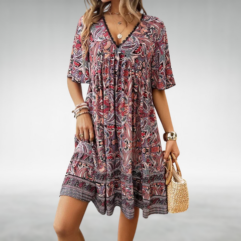 Women's Boho Paisley Mini Dress with V-Neck and Short Sleeves™ – Müheloser Stil für entspannte Sommertage