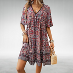 Women's Boho Paisley Mini Dress with V-Neck and Short Sleeves™ – Müheloser Stil für entspannte Sommertage