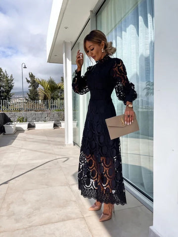 Women's Elegant Lace Midi Dress with Long Sleeves™ – Elegante Spitze trifft zeitlose Weiblichkeit