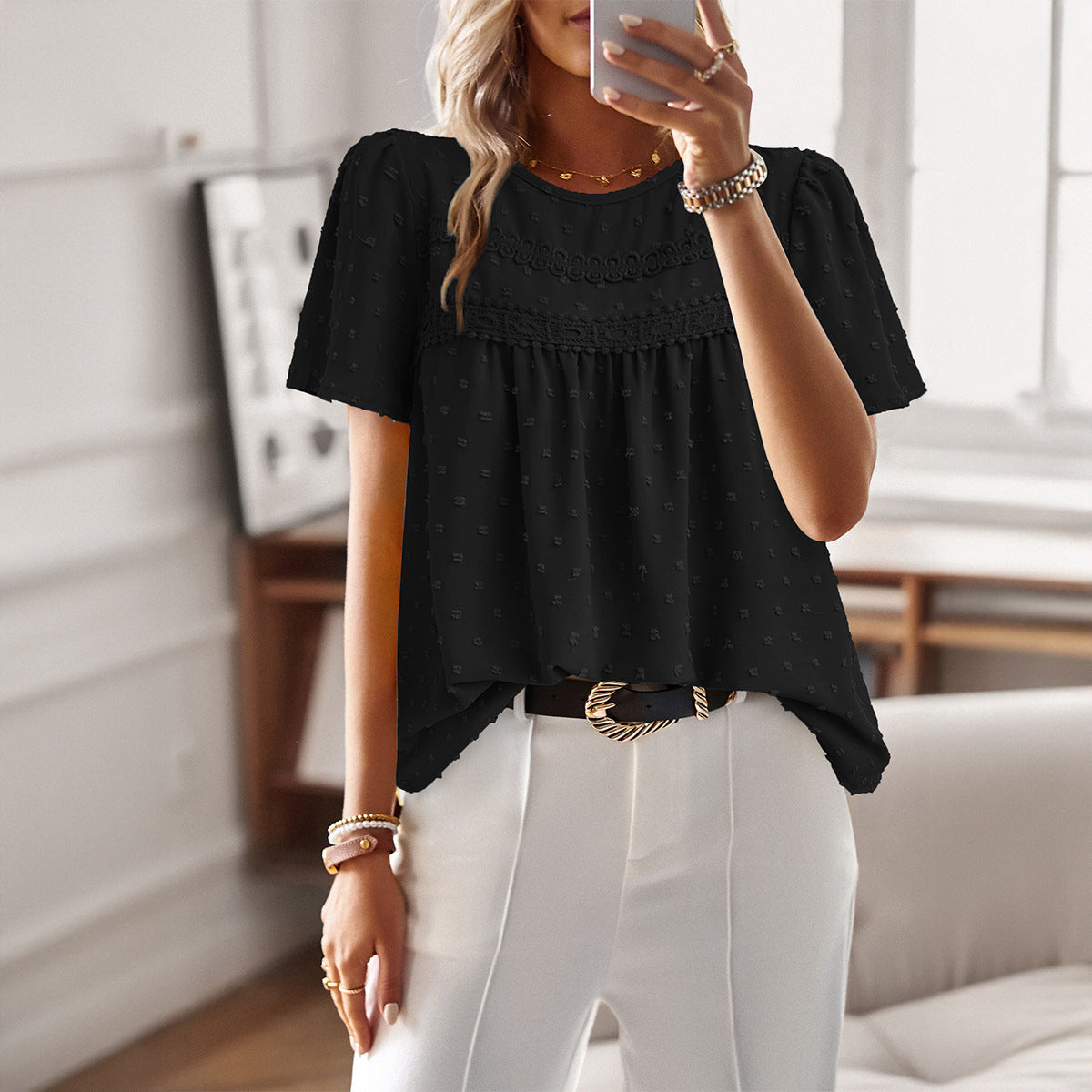 Women's Pleated Front Short Sleeve Blouse Relaxed Fit Lightweight Casual Top™ – Müheloser Stil für jeden Tag