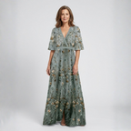 Women's Floral Maxi Dress with V-Neck and Sheer Sleeves™ – Mühelose Eleganz für besondere Momente