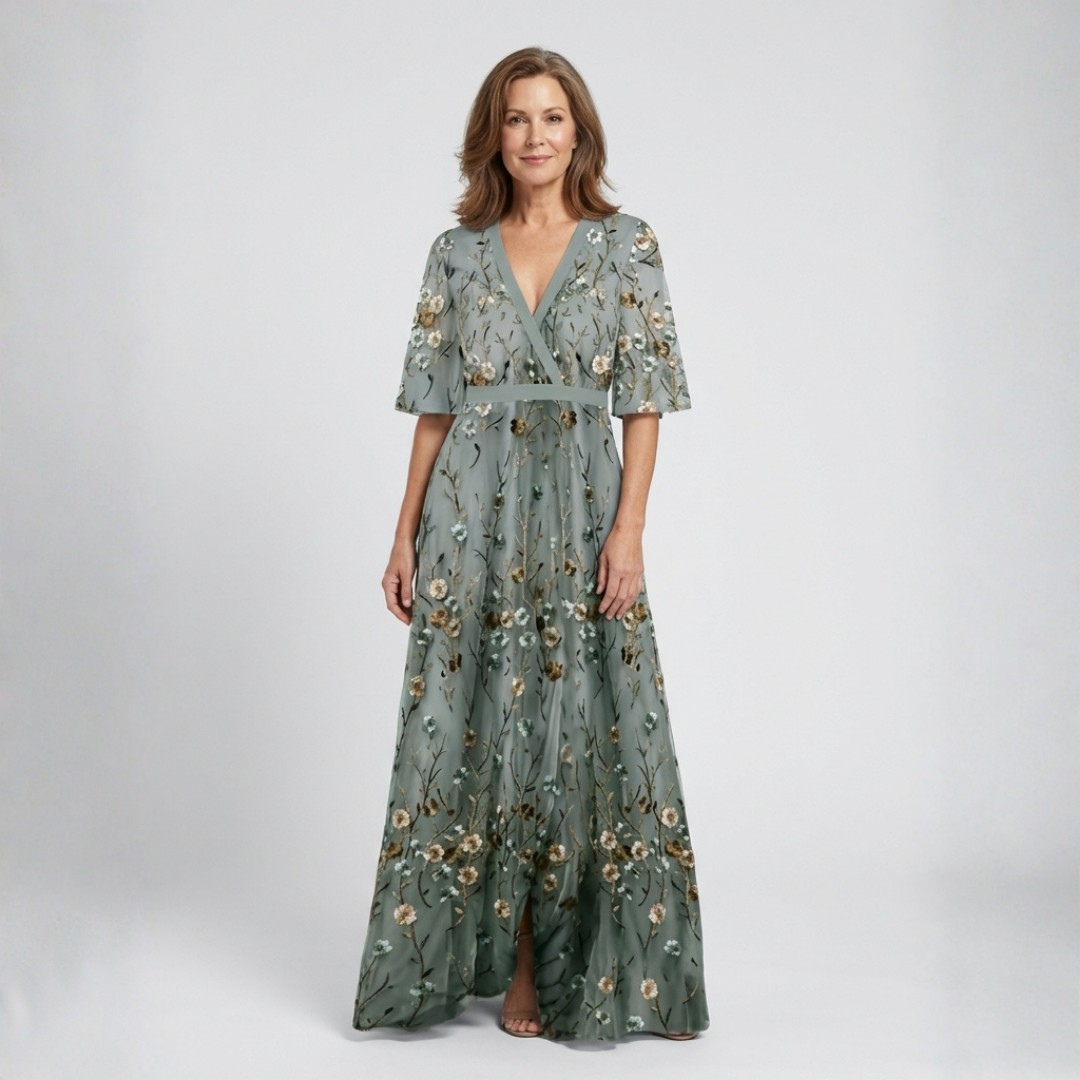 Women's Floral Maxi Dress with V-Neck and Sheer Sleeves™ – Mühelose Eleganz für besondere Momente