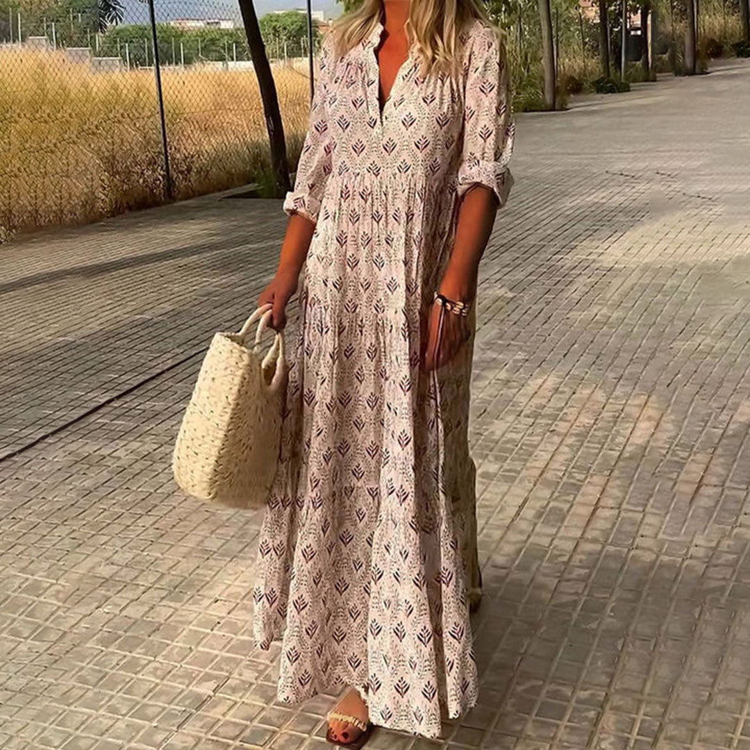 Women's Boho Print V Neck Long Sleeve Summer Maxi Dress™ – Zeitlose Eleganz mit bohemian-inspiriertem Charme