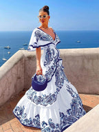 Women's Floral Ruffle V Neck Elegant Flowing Maxi Dress™ – Zeitlose Eleganz mit femininem Rüschen-Detail