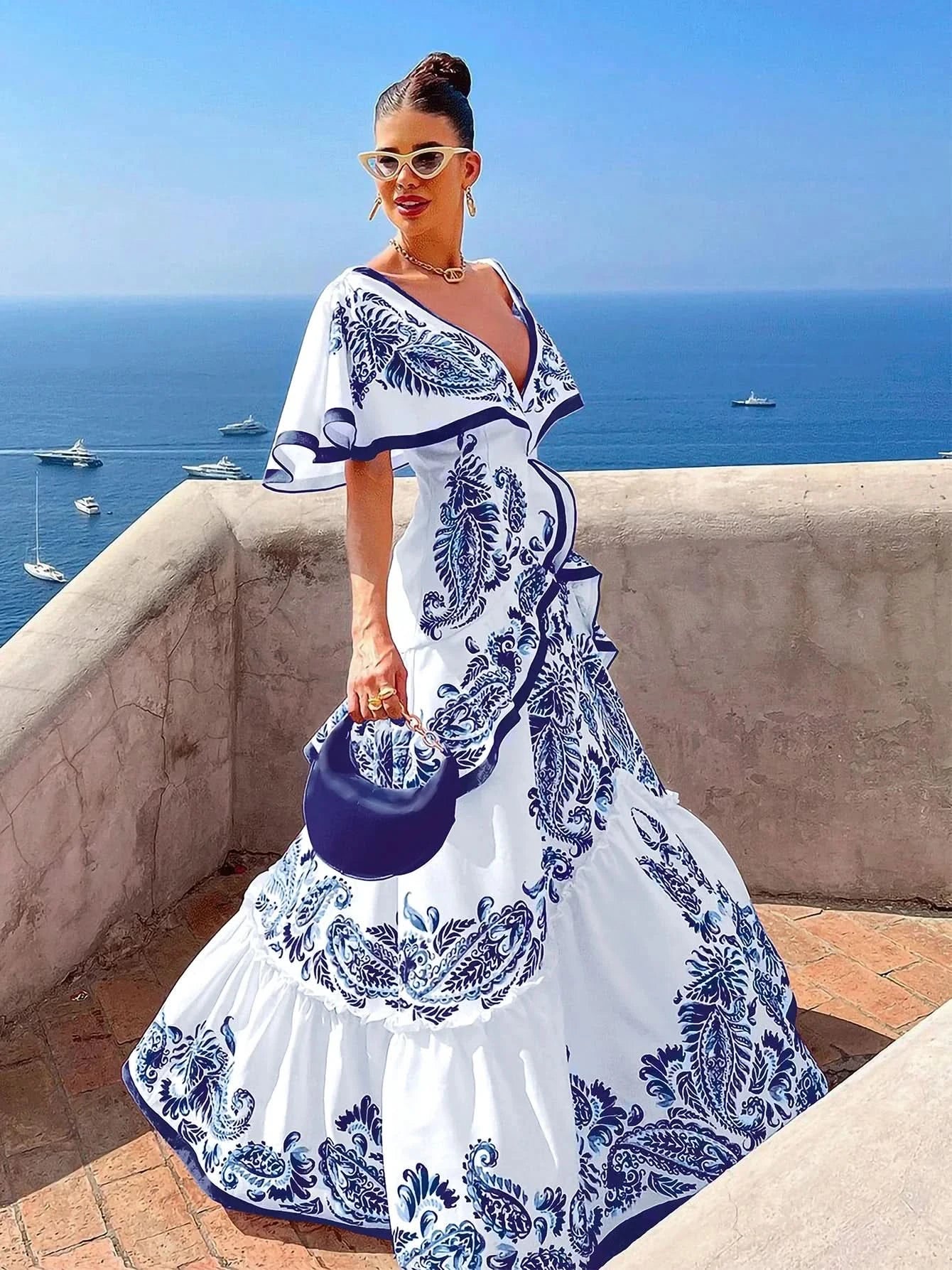 Women's Floral Ruffle V Neck Elegant Flowing Maxi Dress™ – Zeitlose Eleganz mit femininem Rüschen-Detail